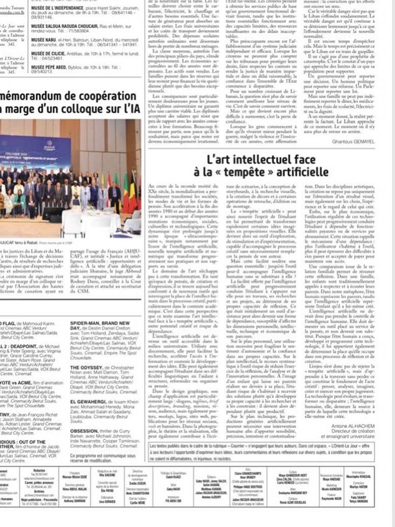 Antoine Al Hachem of Rafik Hariri University published an article on human creativity, artistic expression, and artificial intelligence in L’Orient-Le Jour