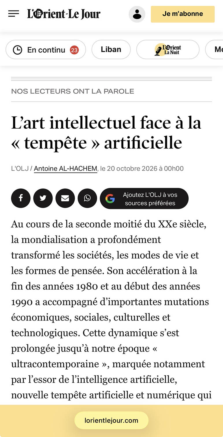 Antoine Al Hachem of Rafik Hariri University published an article on human creativity, artistic expression, and artificial intelligence in L’Orient-Le Jour