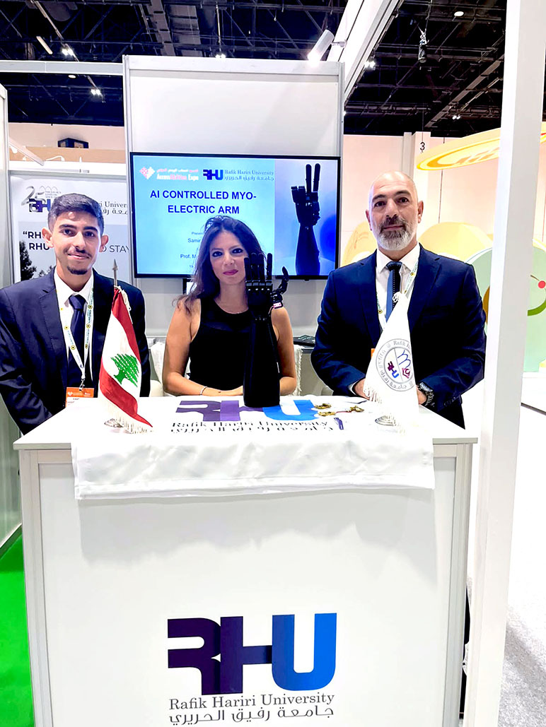 RHU Professor Mohamad Diab and student Samir Fakhour showcase RHU’s AI-controlled myoelectric prosthetic arm at AccessAbilities Expo Dubai 2026