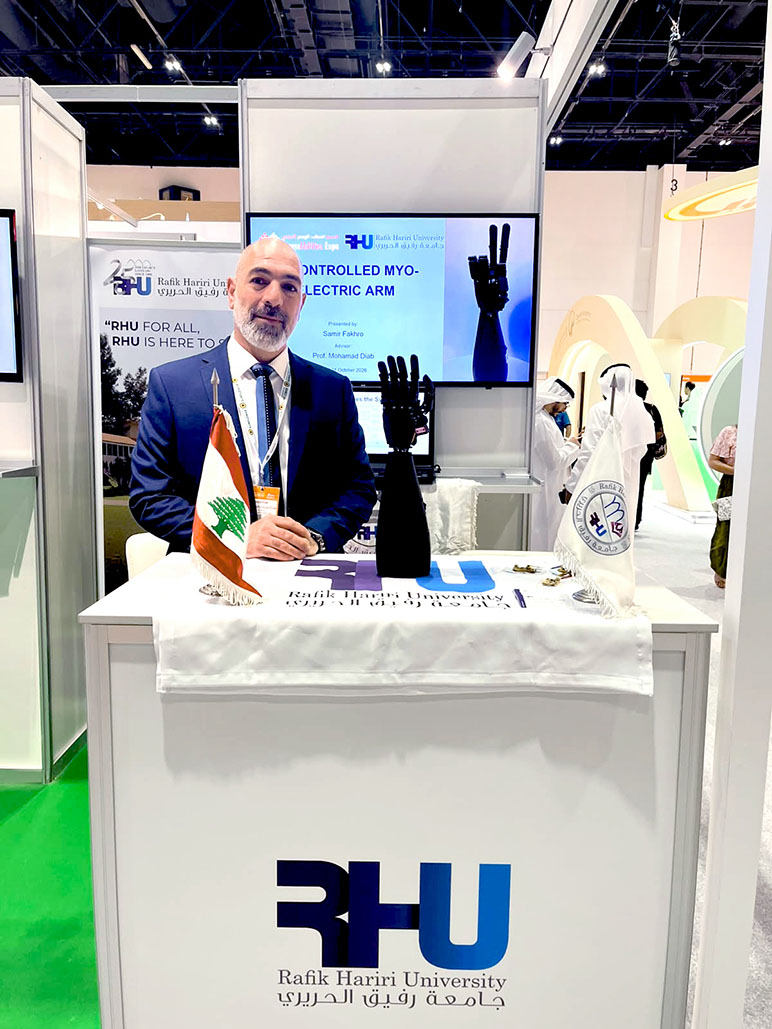 RHU Professor Mohamad Diab and student Samir Fakhour showcase RHU’s AI-controlled myoelectric prosthetic arm at AccessAbilities Expo Dubai 2026